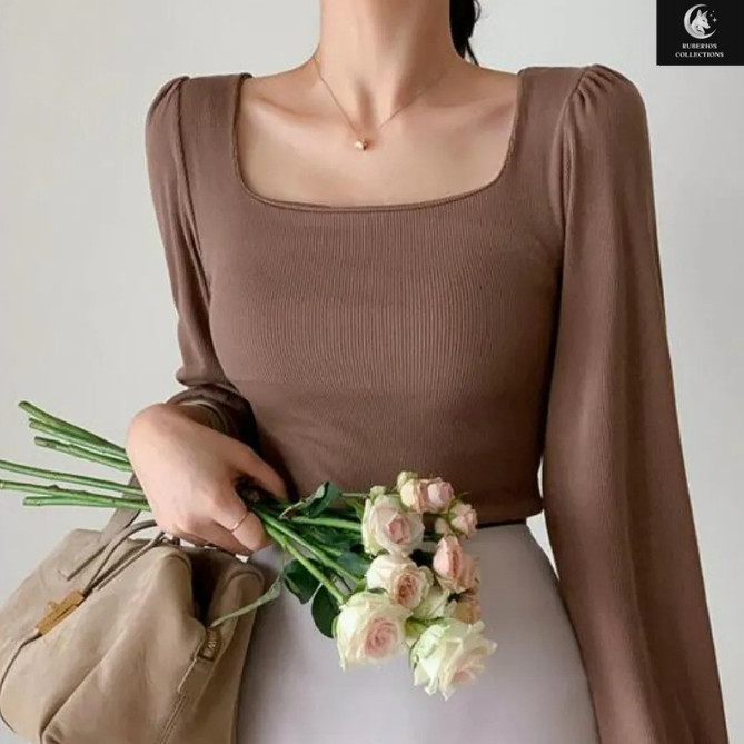 99kOUTLET Square Neck T-Shirt Plain Long Slevee 3342 (S/M/L/XL)