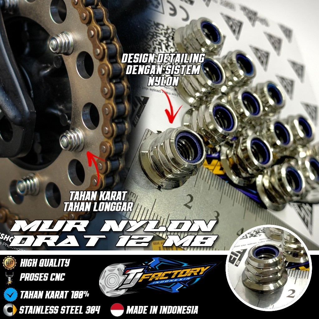 Mur Nylon Stainless Drat 12 M8 CNC tipe HEX PLUS M8 Nap Gear R15 MX King Vixion