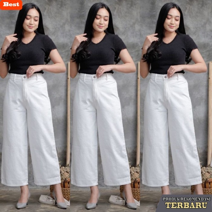 celana jeans wanita kekinian Celana Kulot Jeans Wanita // Kulot Highwaist wanita Jeans Warna - Putih