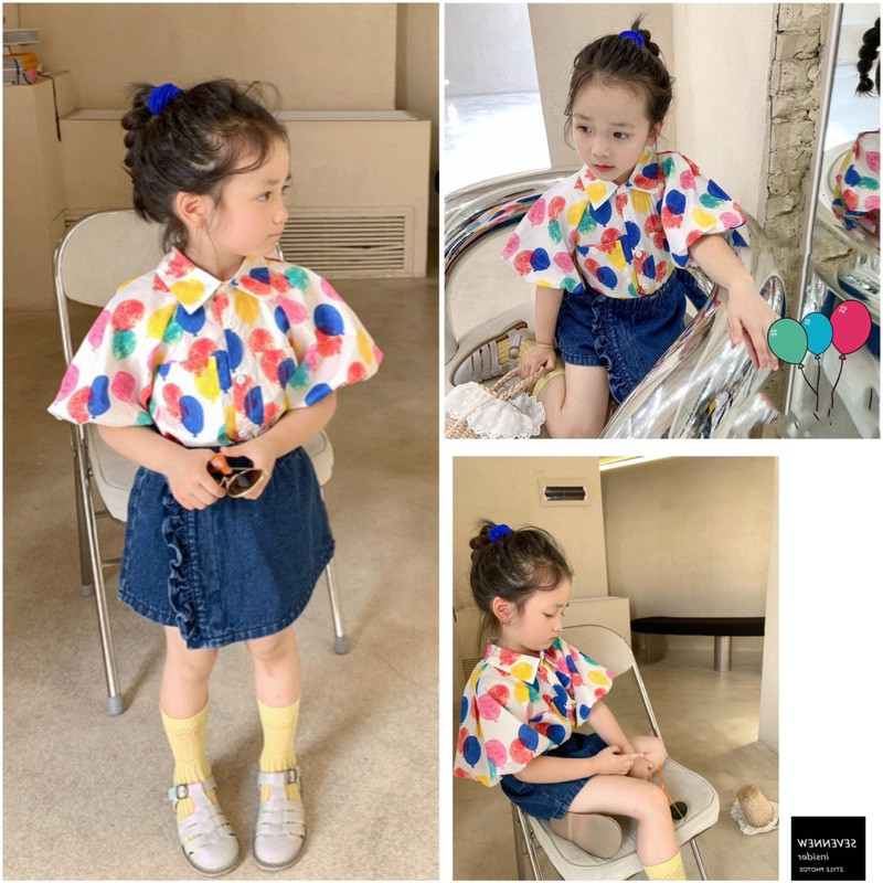 DE43S 2-10Tahun Setelan rok celana jeans kemeja balon baju anak perempuan colorfull