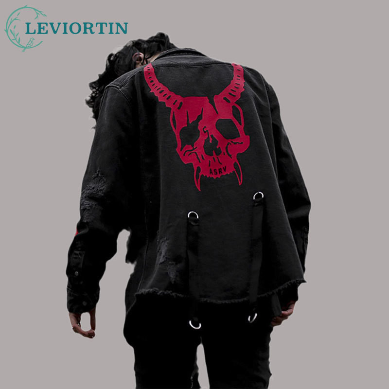 Harajuku Gothic Demon Hunter Skull Black Denim Jacket Men Rock Punk Heavy Metal Sweatshirt Sudadera 