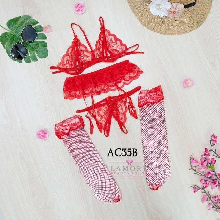 One Set Bh Cd Bra Wanita + Stocking Lingerie + Garter Belt Merah Ac35B