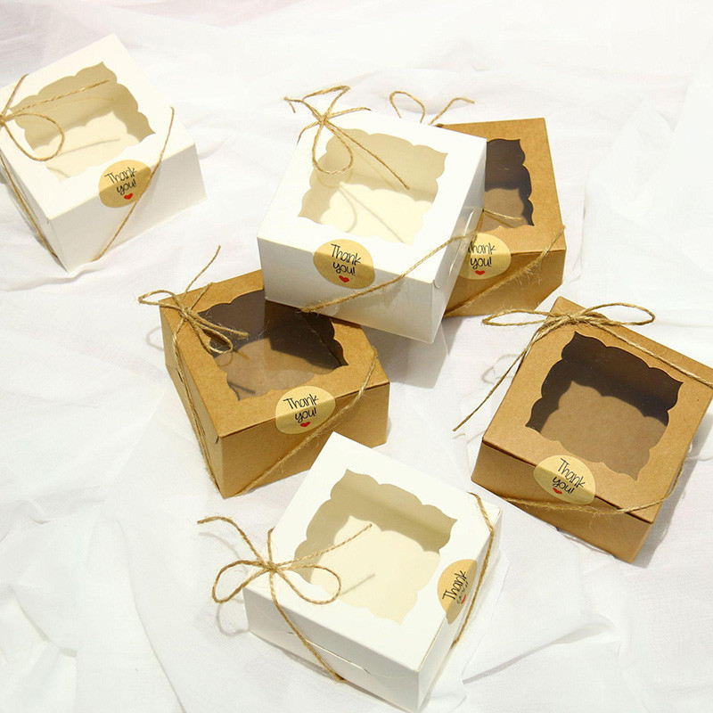 

10/20Pcs Kraft Paper Open Window Gift Box Baking Cake Cup Favor Candy Packaging Boxes With Sticker Rope Wedding Party Decoration