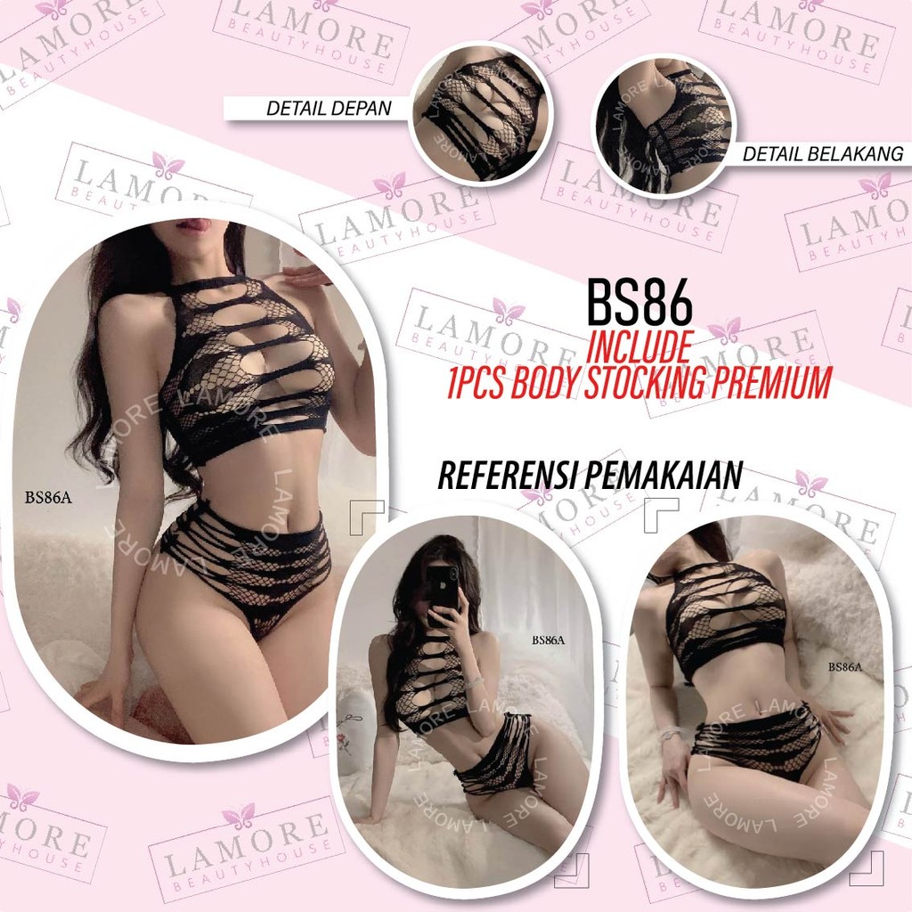 Body Stocking Lingerie Wanita Set Atasan Bawahan Jaring Hitam Bs86A