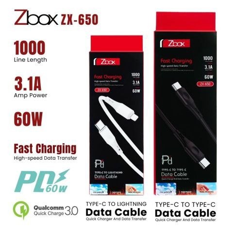 KABEL DATA ZBOX ZX-650 TYPE-C TO LIGHTNING | TYPE-C TO TYPE-C | KABEL USB MURAH | KABEL DATA FAST CH