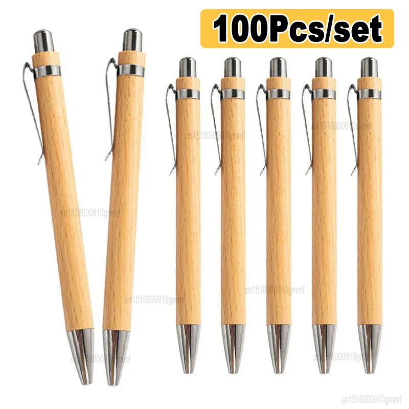 

100Pcs Set Bamboo Wood Ballpoint Pen 1.0mm Tip Blue Black Ink Office School Writing Stationery Business Clip Signature Ball Pen