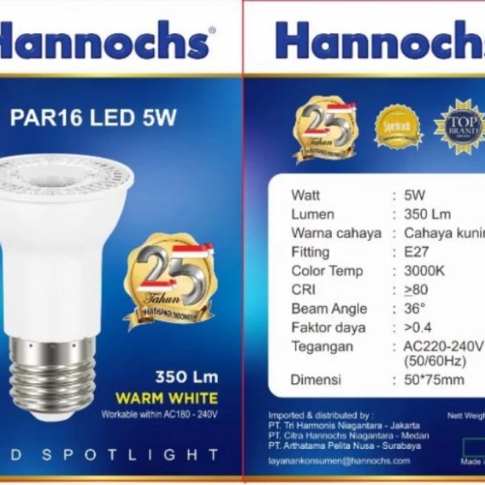Hannochs Led Spotlight Par16 5w WW / Lampu Sorot / Lampu Tembak Lemari