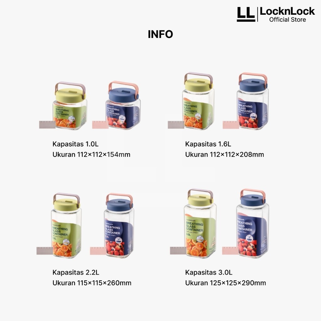 LocknLock Toples Kaca LNG552 LNG553 LNG554 LNG556 LNG557 Breathing Glass Container green Navy LOCK N