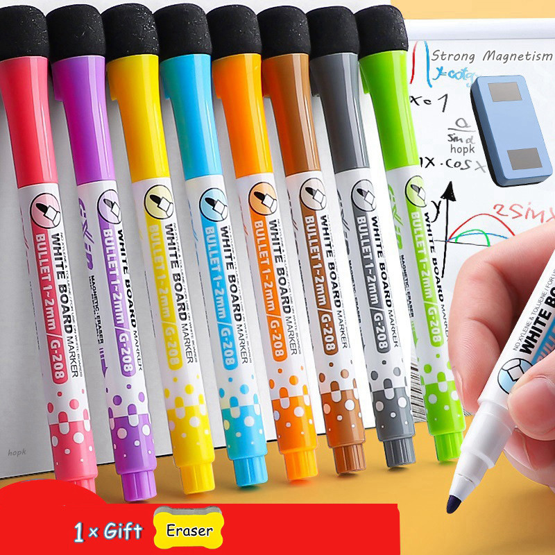 

8 Colors Erasable Magnetic Whiteboard Marker Eraser Liquid Chalk Whiteboard Pens for Kids Drawing Teacher Office Stationery