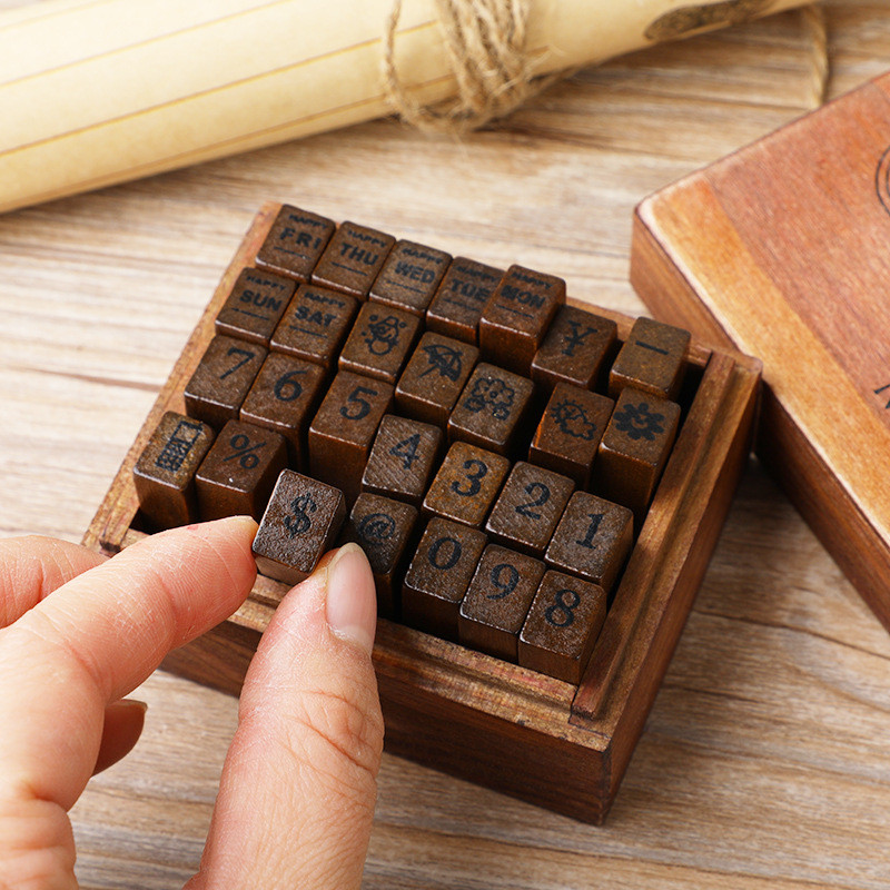 

28Pcs/Box Alphabet Stamps Vintage Wooden Rubber Letter Standard Stamp Set for Craft Card Making Planner Scrapbooking Journals
