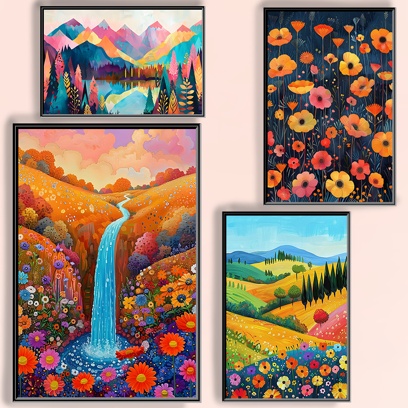

Vivid Colorful Flat Pop Art Landscape Valley Full of Blooming Flowers Poster for Home Modern Wall Art Canvas Painting
