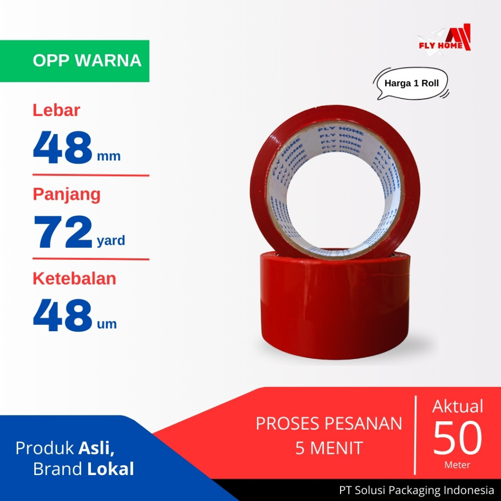 

FLYHOME Lakban warna merah 72 yard 1 roll 48mm x 72yard 2inchi ECO