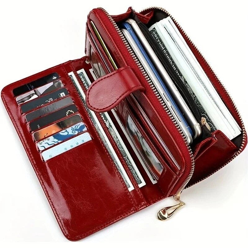 New Women Oil Wax Leather Wallet Female Purses Big Capacity Hasp Zipper Purse Ladies Long Wristlet C