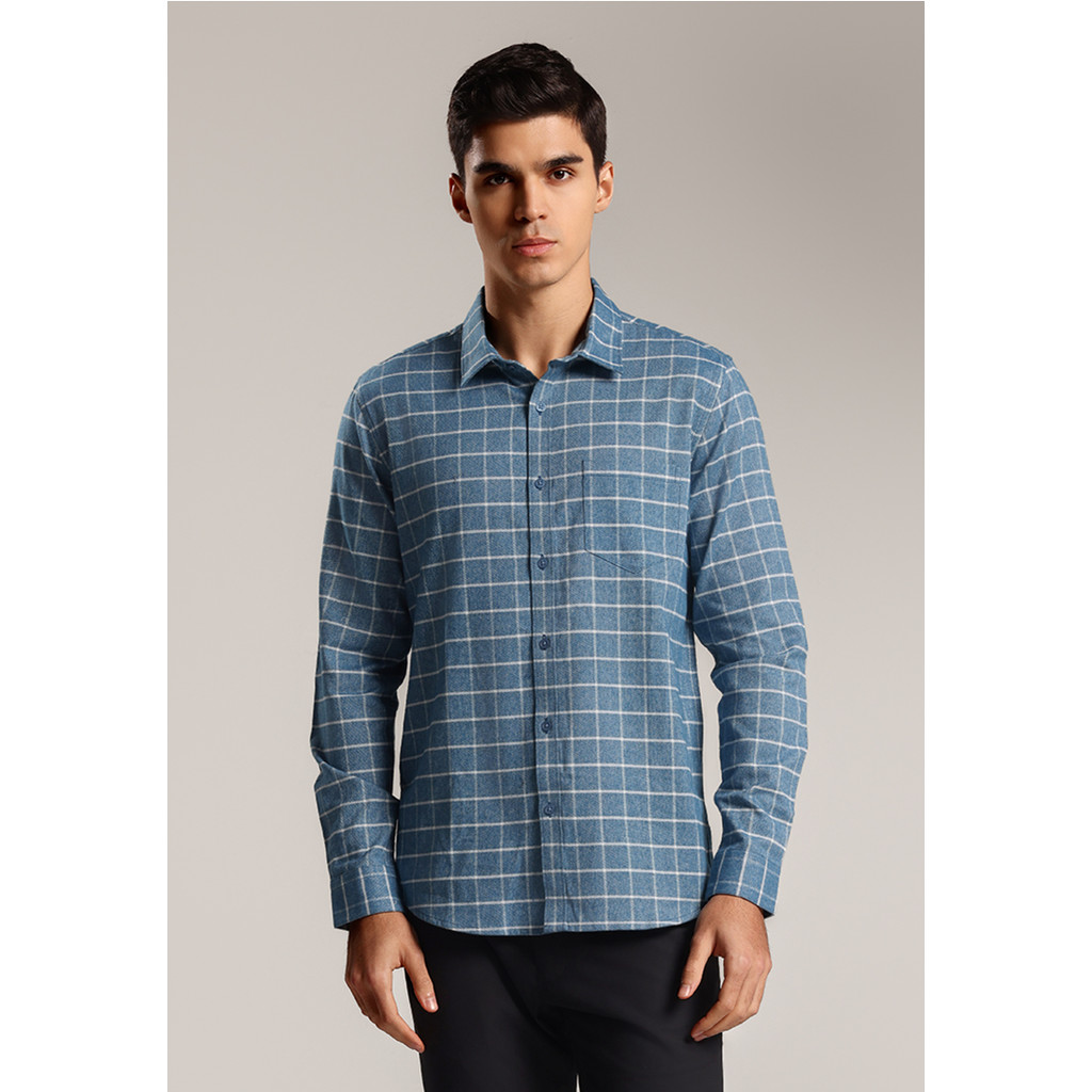 MOC - Kemeja Kotak-kotak Pria Lengan Panjang Spencer - Blue