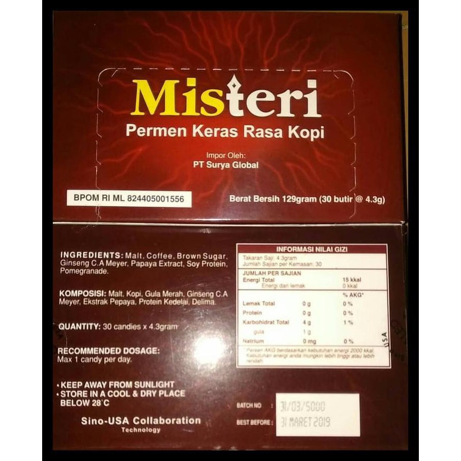 

DISKON Misteri Ginseng & Coffee Energetic Candy (Permen Kopi) Bpom Isi 30Pcs