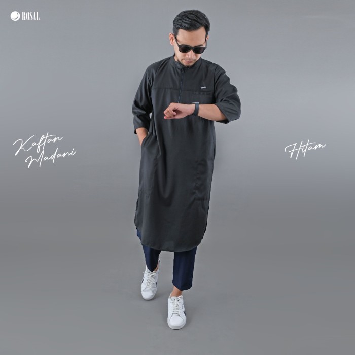 BEST SELLER Kaftan Madani ROSAL - Baju Kaftan Gamis Pria Muslim Polos Original - Hitam, L