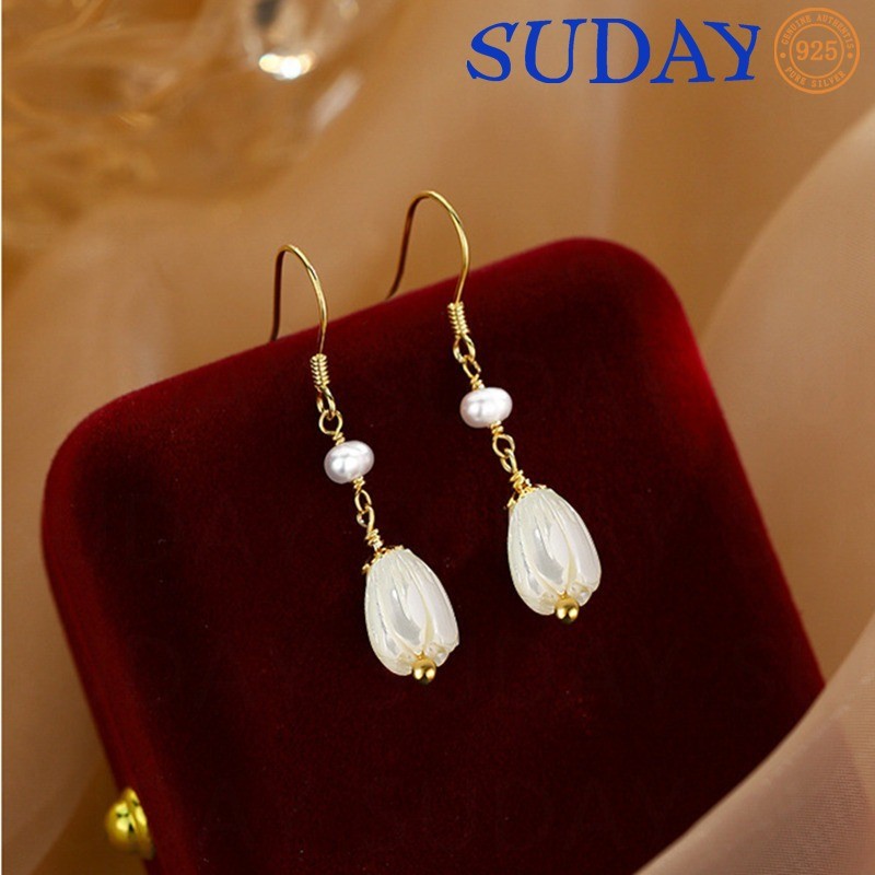 SUDAY Anting Mutiara Magnolia Anting Lonceng Emas 18K Anggrek Anting Retro Cina