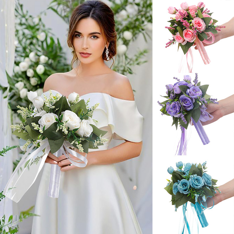 

1pc wedding bridal bouquet artificial rose ribbon wheat ear bouquet wedding supplies