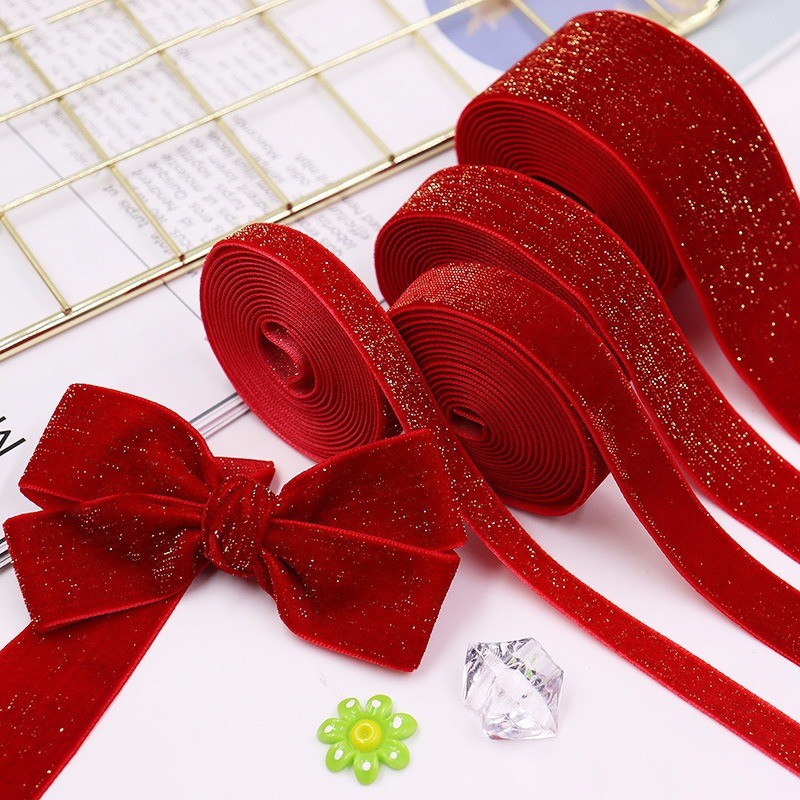 

6/10/20/38mm christmas Velvet bow gift ribbon packaging DIY new year Red Velvet Gold Glitter Festival Ribbon for decorationDD14
