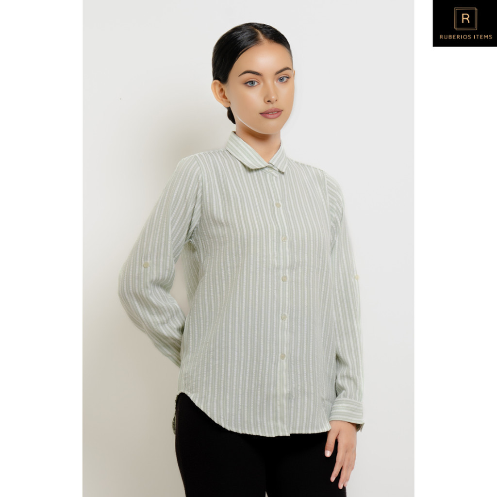 Puricia by Hassenda Kemeja Wanita Motif Stripes Ginera Green - PFH25804HJU