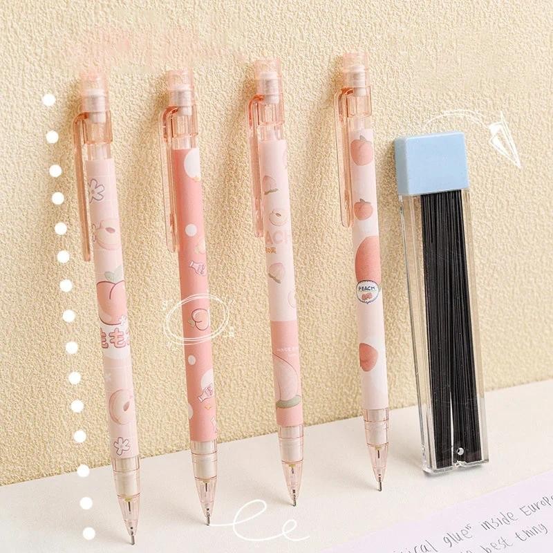 

2pcs Cute Peach Mechanical Pencils Kawaii 0.5mm Automatic Pencils Non Sharpening Pens Korean Stationery School Office Supplies
