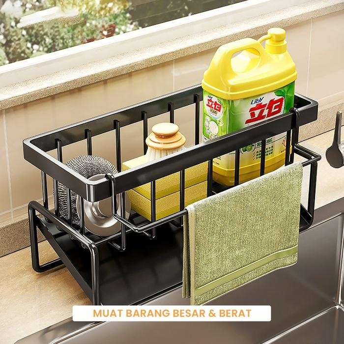 HOMYNEST Wastafel Cuci Piring Rak Tempat Spons Sabun Anti Karat Bahan ABS Hitam Putih - Hitam