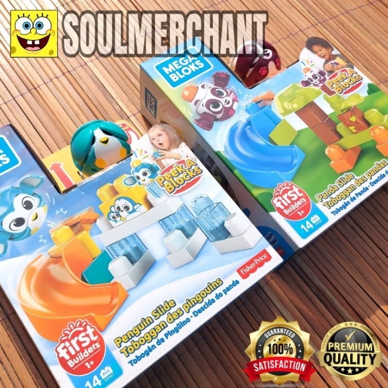 Mega Bloks Panda Slide Penguin Slide Peek a Block Mainan Balok Susun Original