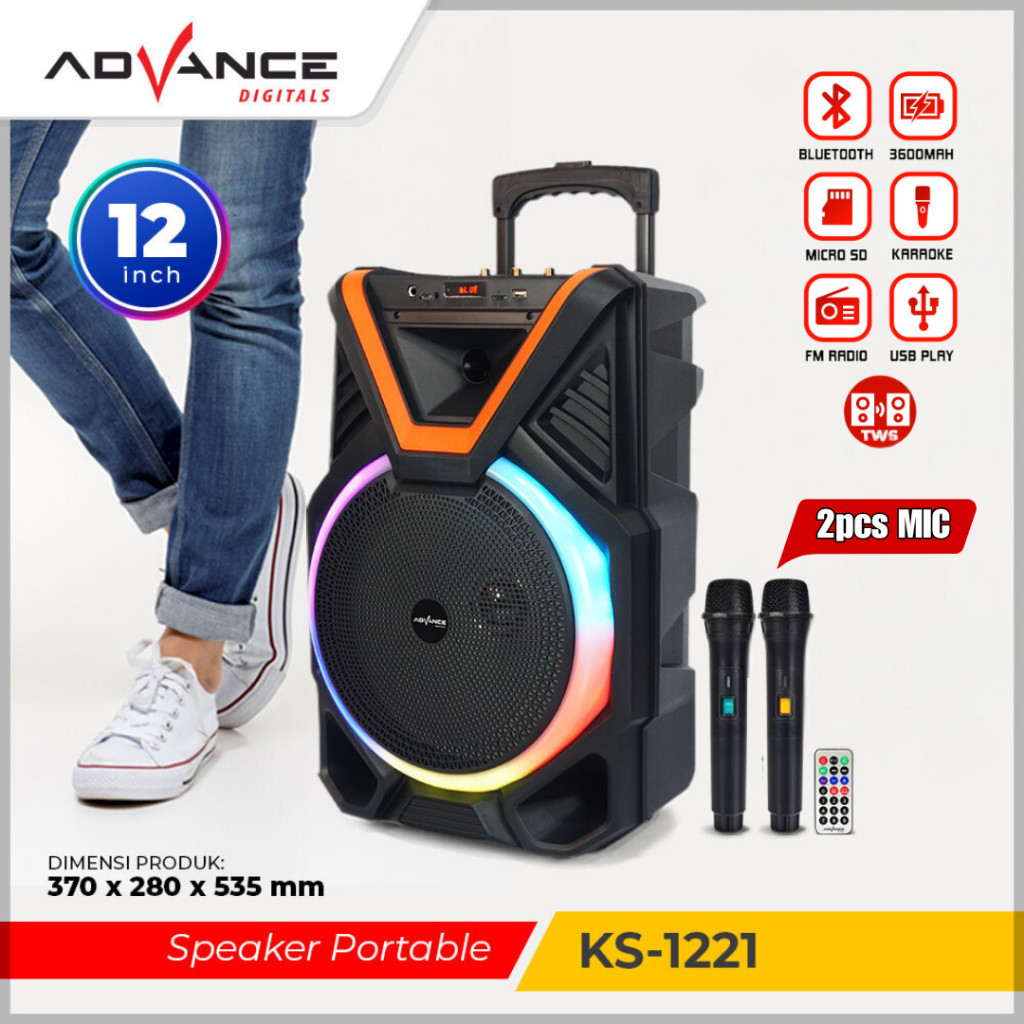 【Bisa dikirim hari ini】Advance Speaker Bluetooth Karaoke TWS 12inch+2xMic Wireless  1221