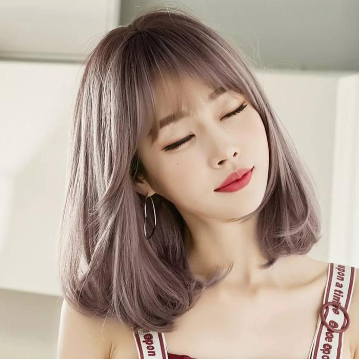 Wig Rambut Palsu Wanita Sebahu Warna Natural Korea Premium Poni Bangs - Pink Fleax