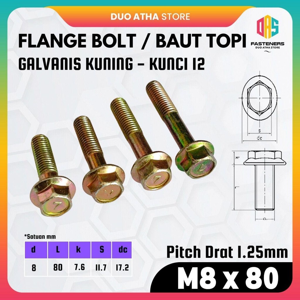Flange Bolt M8x80 / Baut Flange M8x80 / Baut Topi M8x80 Galvanis Kuning Kunci 12