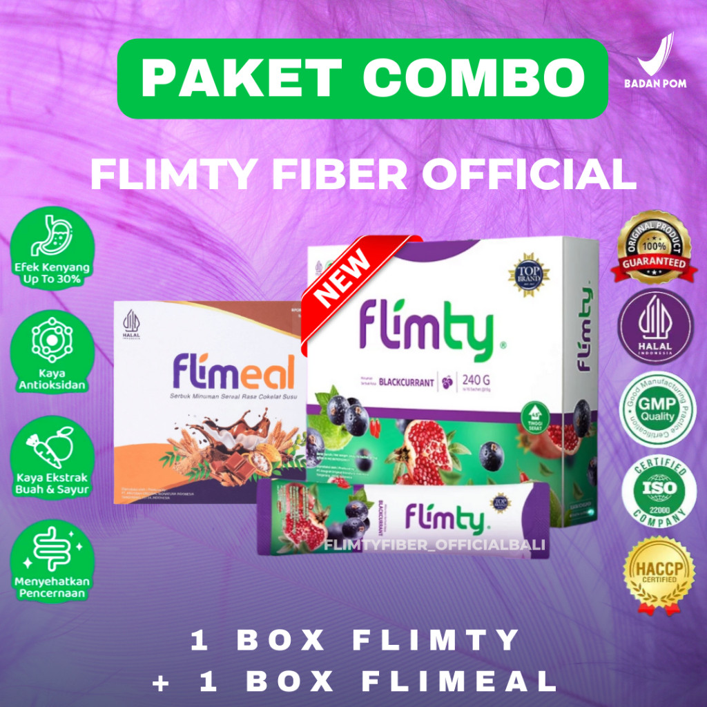 

Diet Combo 1 Box Flimty Fiber Isi 16 Sachet dan 1 Box Flimeal (Meal replacement) Isi 12 Sachet