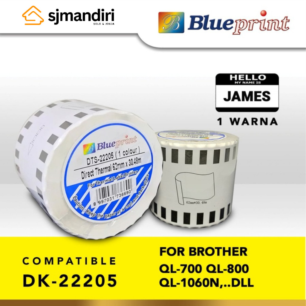 

SW MALL Continuous Sticker Brother 22205 Blueprint 62 mm x 30 m x 48 Roll Label Barcode