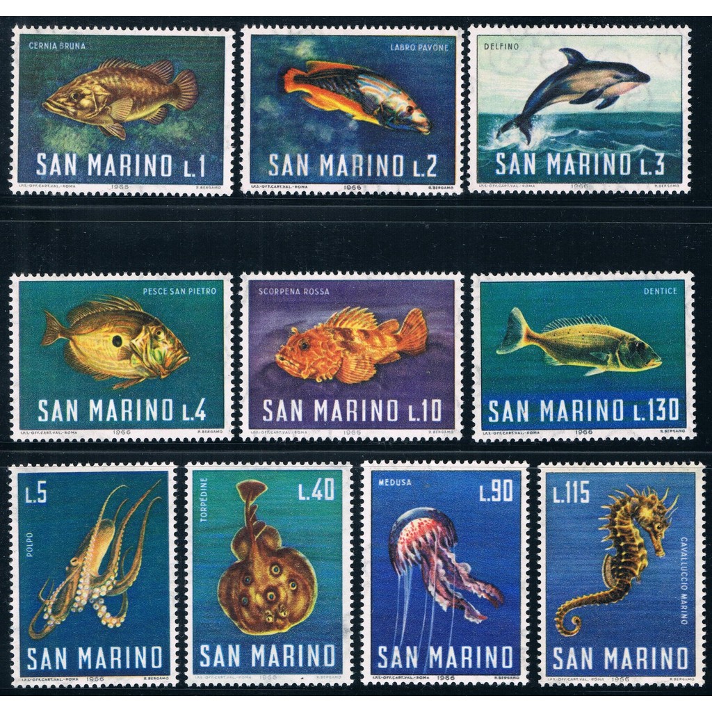 

10Pcs/Set New San Marino Post Stamp 1966 Marine Ocean Animals Stamps MNH