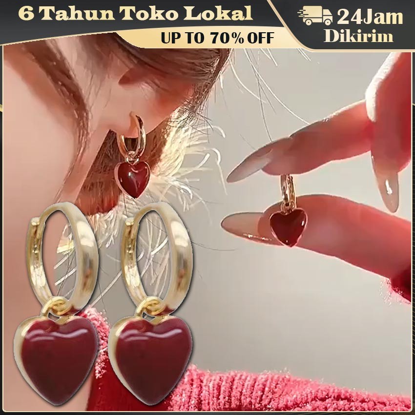 Anting Model Hati Wine Red untuk Wanita / Anting Korean Style / Aksesoris Fashion Sweet Love