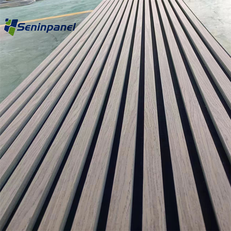 

Seninpanel Wall And Ceiling Slotted Wooden Board Slat Pet With Wood Veneer Salt Acoustics Panels for Meeting Room