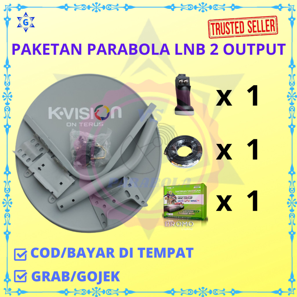PAKETAN PARABOLA KVISION KUBAND KOMPLIT ANTENA 45 CM UNTUK 2 TV/RECEIVER(1 ANT+1LNB KU 2 OUT+1 KABEL