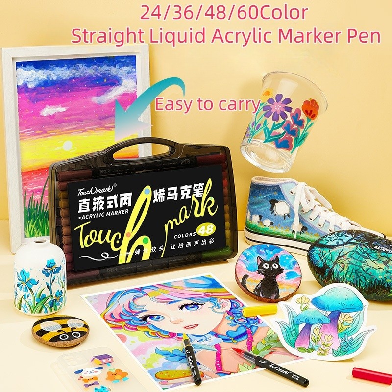 

24/36/48/60 Warna Cairan Lurus Asam Akril Pena Menandai Tekstil Air Color Kanvas Material Batu Kaca Kertas DIY Lukisan Stationery