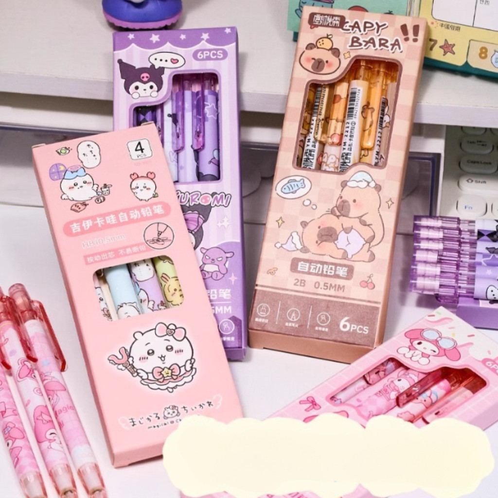 

AWC 1 SET 6PCS PENSIL MEKANIK 0.5 MM DAN PENGHAPUS GAMBAR KARTUN LUCU / PENSIL MEKANIK KARAKTER KARTUN IMUT