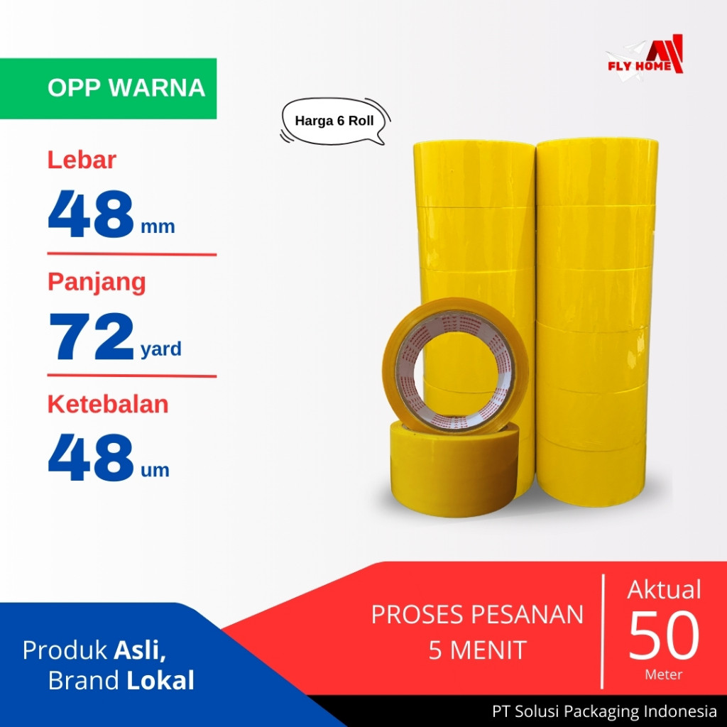 

Flyhome Lakban Warna Kuning 72 Yard 6 Roll 48mm X 72yard 2inchi Eco