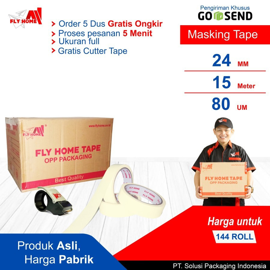 

FLYHOME Lakban kertas 1 dus 24mm x 15meter 144 roll masking tape ukuran Full CARGO