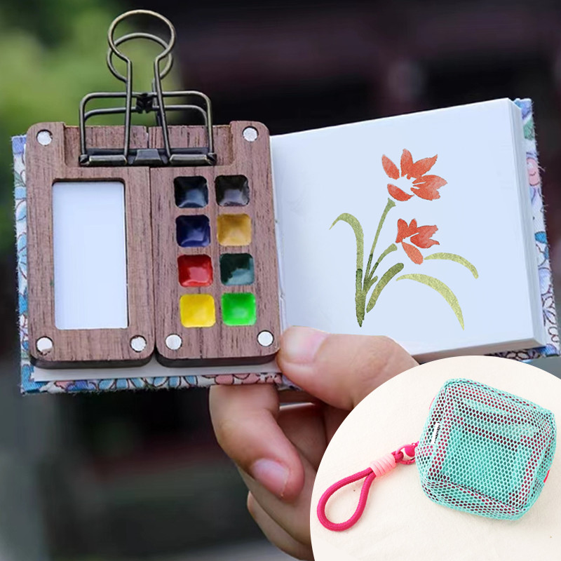

Portable Travel Art Supplies Set, Handmade 8 Grid 0.5ML Schmincke Watercolor, Mini Black Walnut Palette Box Brush Sketchbook