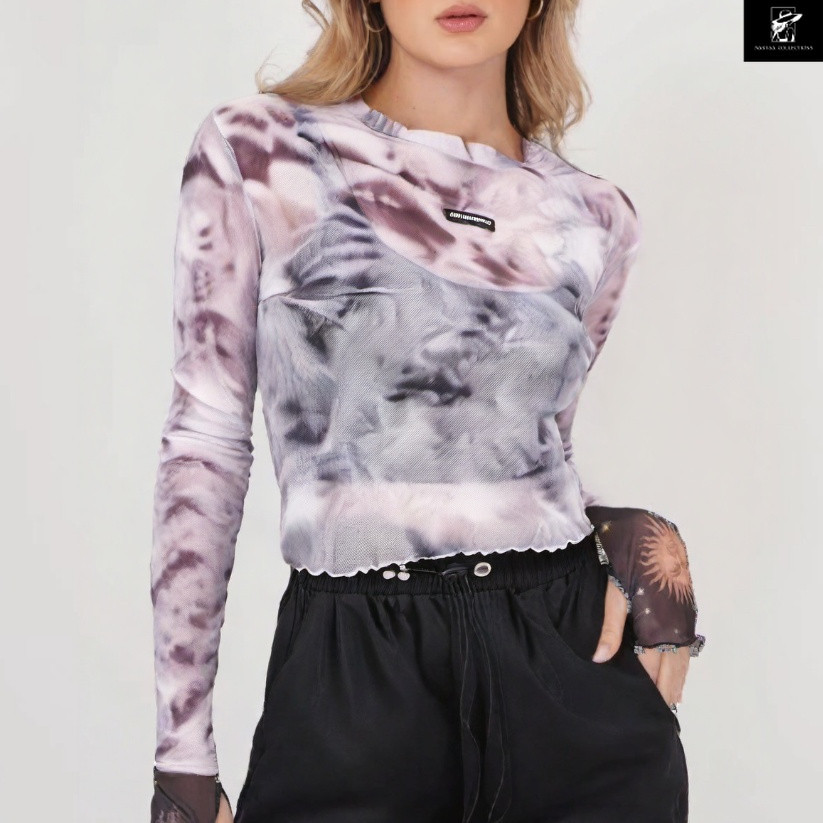 99kOUTLET Crop Top Tulle Tie Dye Round Neck Lengan Panjang 2292