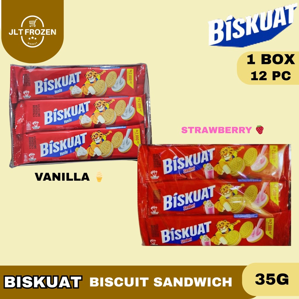

Biskuat Lup 35g - 1BOX/12PCS Biscuit / Sandwich / Biskuit / Snack / Cemilan / Dengan Krim Vanila / Krim Strawberry