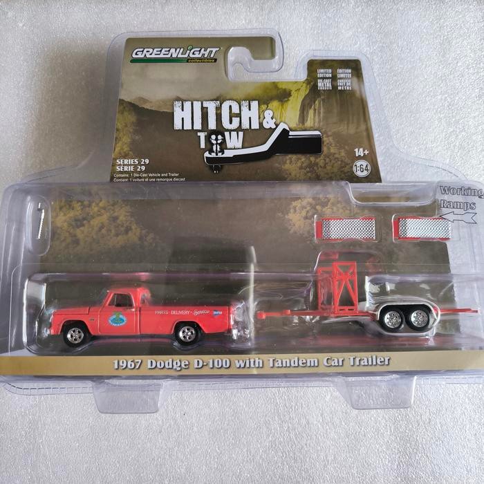 DIECAST GREENLIGHT HITCH & TOW 29 - 1967 DODGE D-100 WITH TANDEM CAR TRAILER
