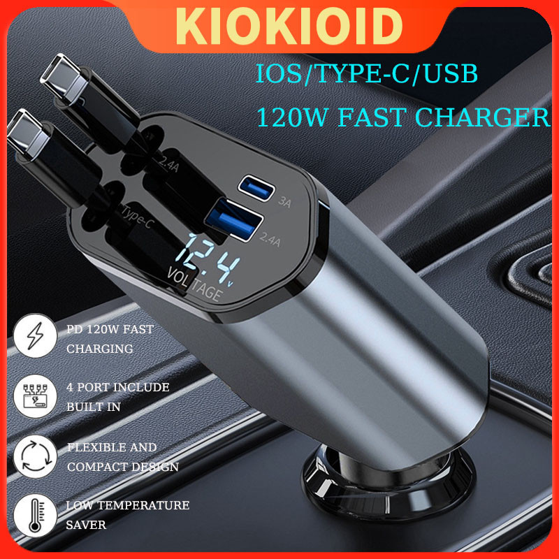 Retractable Car Charger /4 In 1 Car Charger 120W Fast Charge Type C/Charger Mobil Fast Charging Case