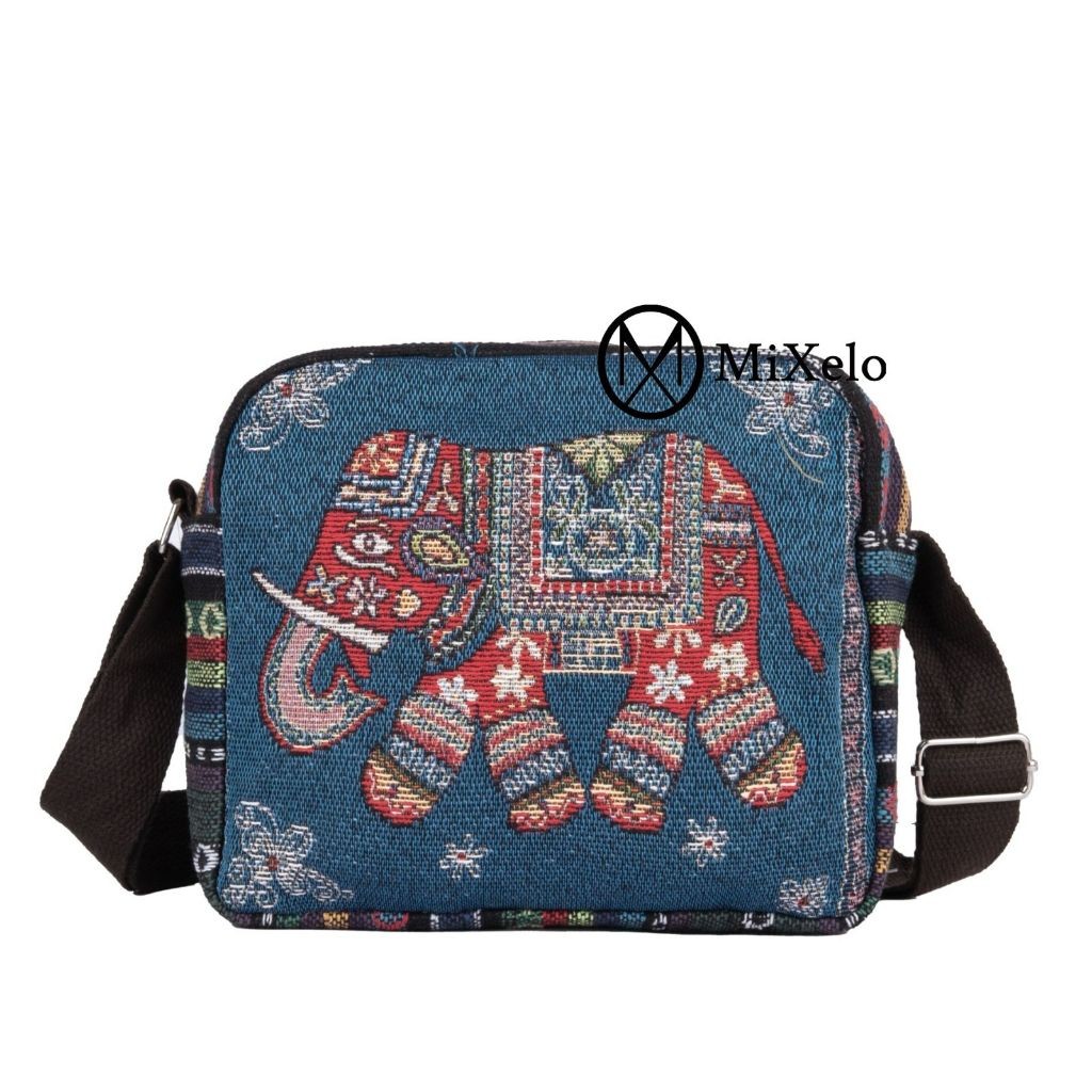 Tas selempang kanvas tenun motif 2 sisi tas thailand gambar gajah qualitas premium bahan tebal dan j