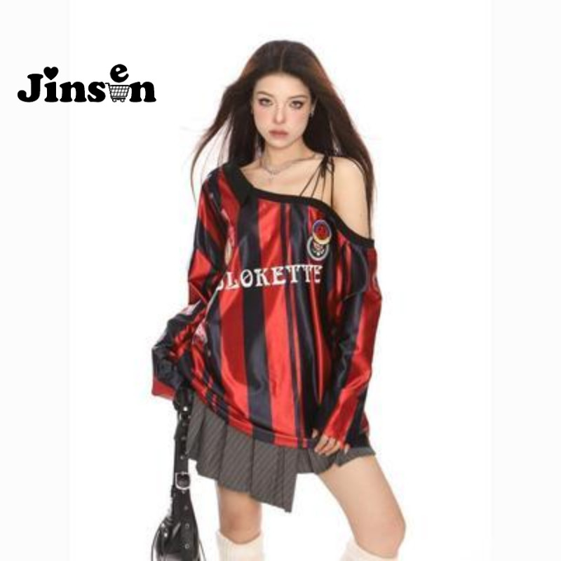 [JinSen] Kaus Off-Shoulder Wanita Gaya Jersey Milan Retro Amerika Atasan Lengan Panjang Blokette Off