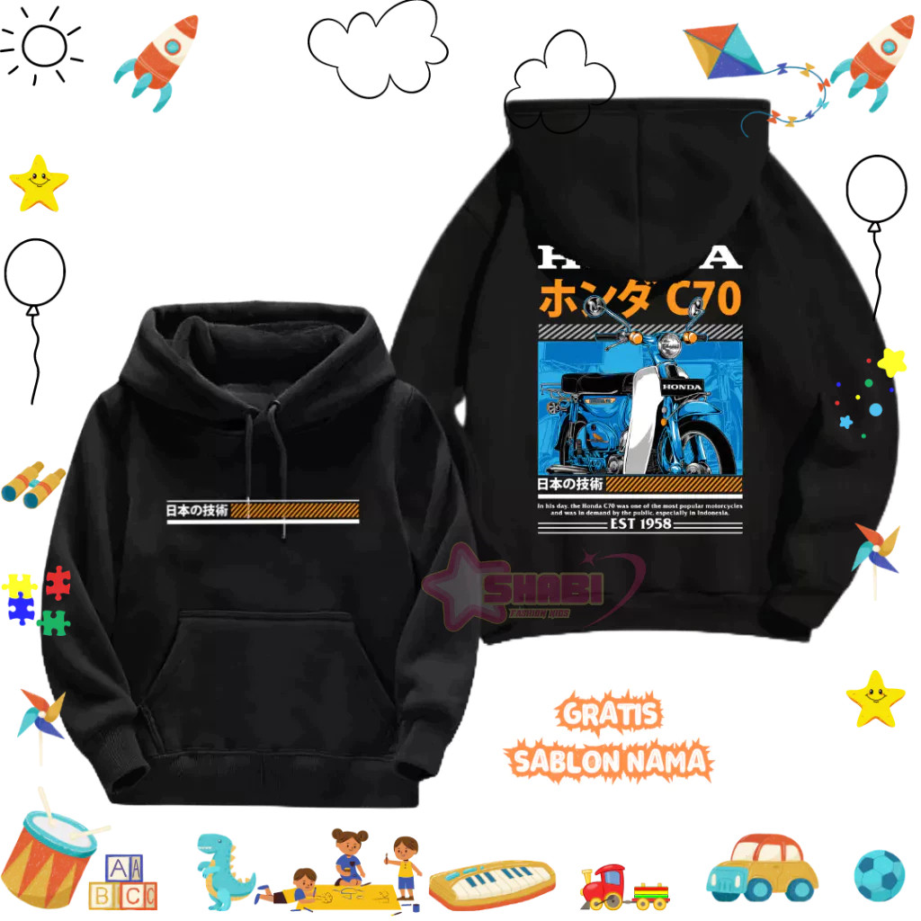 Qiyya.id - Hoodie Anak Gratis Sablon Nama - Hoodie Anak Sunmori Honda C70 BLUE - Bahan Cotton Fleece
