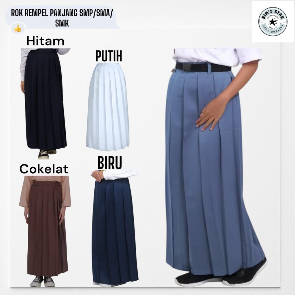 Rok SMP SMA Rempel Seragam Sekolah Perempuan Lipit Panjang Bahan Optima Element Warna Abu Biru Cokla