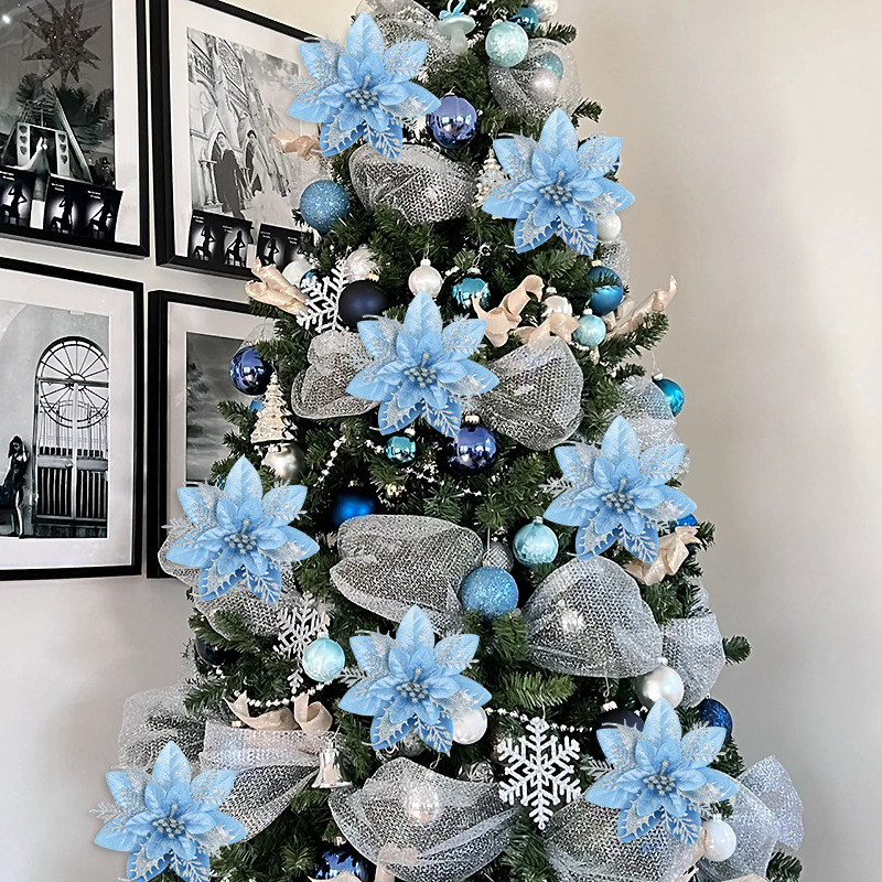 

5.7 Inch Artificial Blue and Black Christmas Glitter Flowers with Clips 5/10pcs Xmas Tree Flower Ornaments Noel New Year Decor
